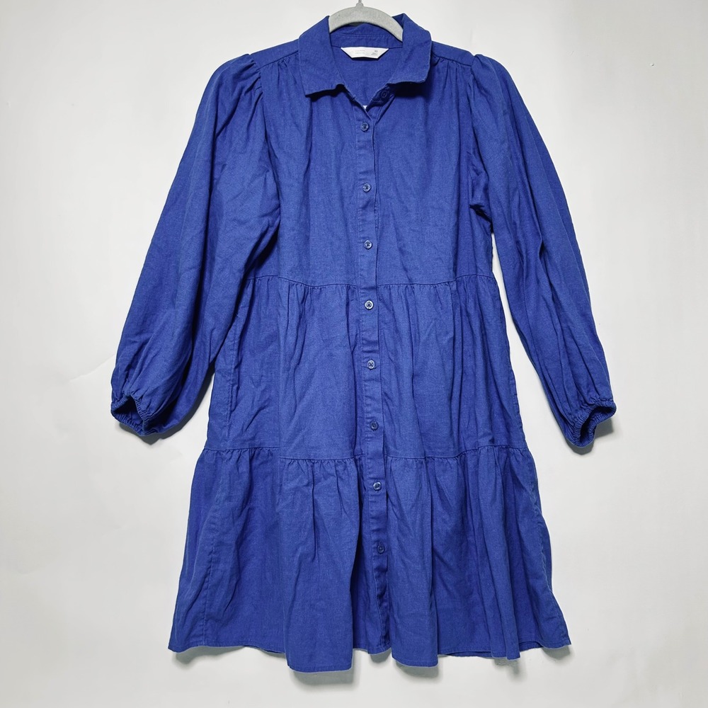 Lauren Conrad Shirt Dress Womens XS Blue Tiered Linen‎ Blend Coastal Cottagecore